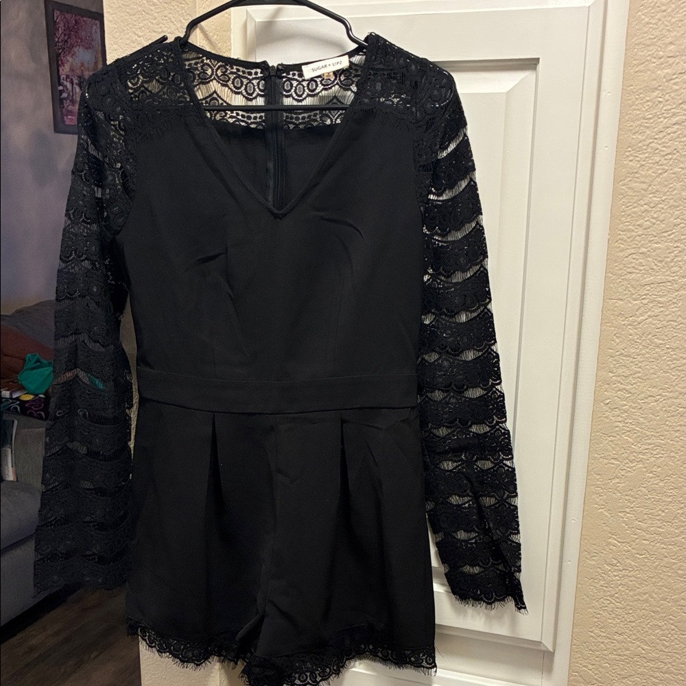 Sugar + L!ps Black Lace long sleeve shorts romper